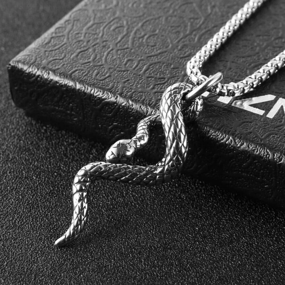 Gothic Men's Silver Stainless Steel Animal Snake Pendant Chain Necklace